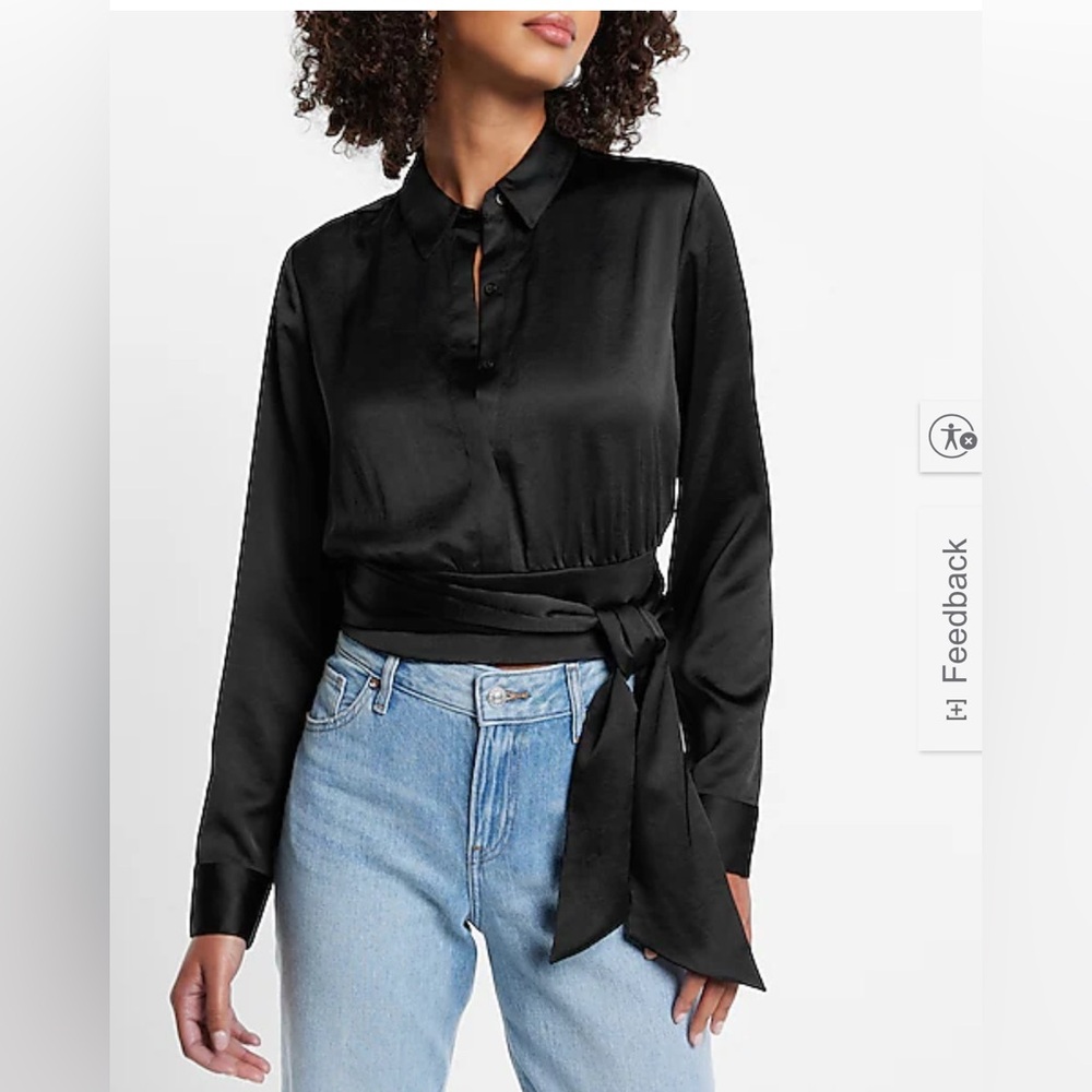 New Express Black Satin Tie Front Collared Cropped Shirt S NWT